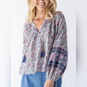 Natural Life Get Up & Go Top Purple Fan Floral Blouse Xs